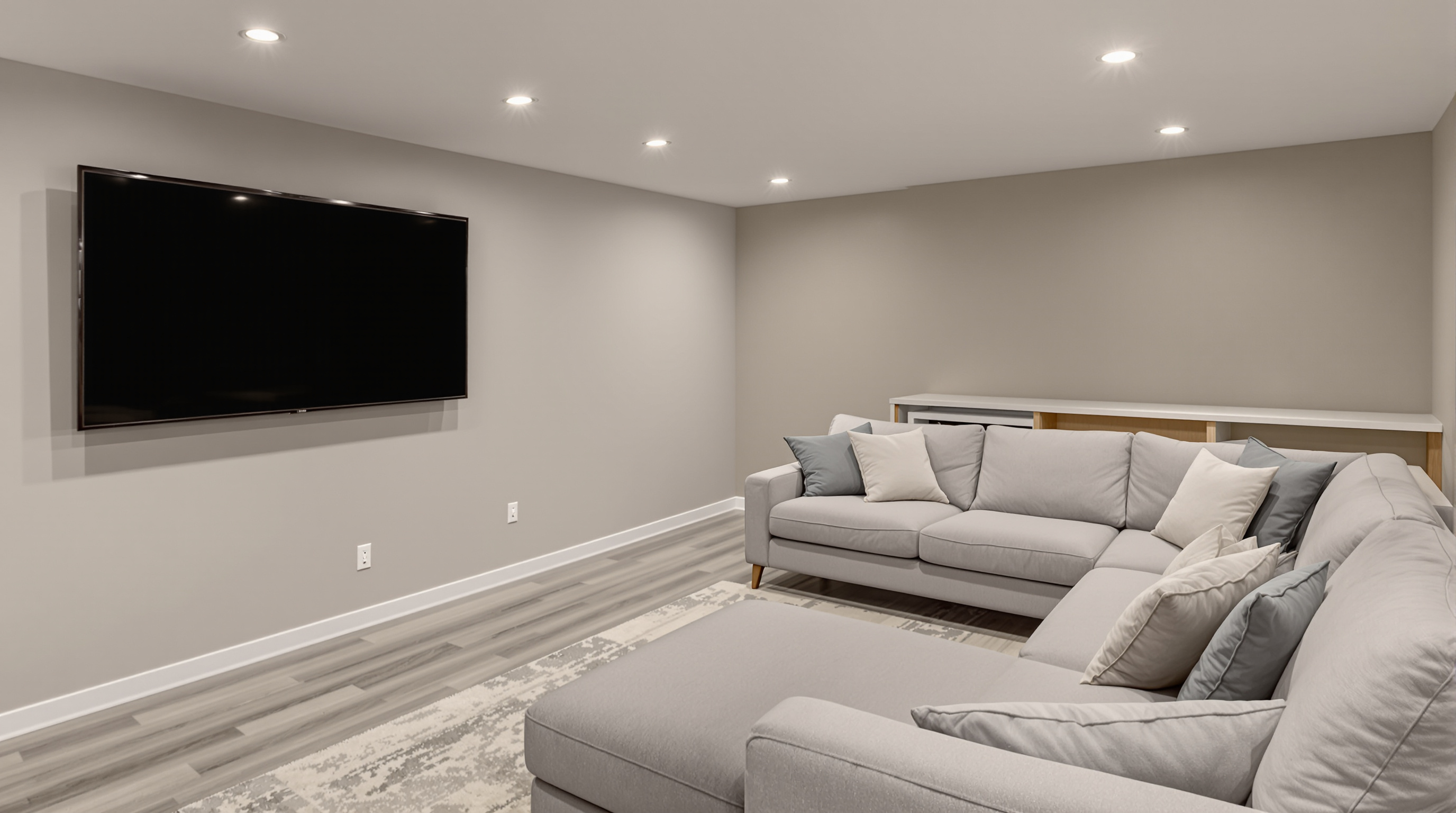 Finished basement family room with recessed lighting